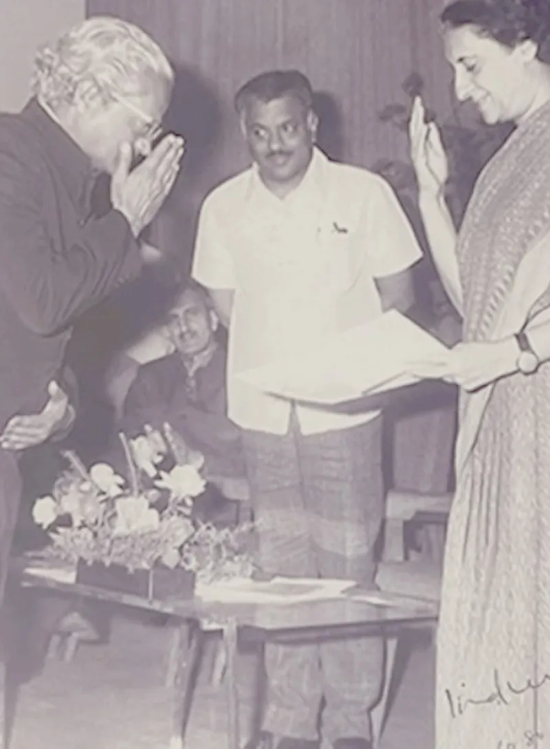 Family archive photograph identified as the artist with Indira Gandhi
