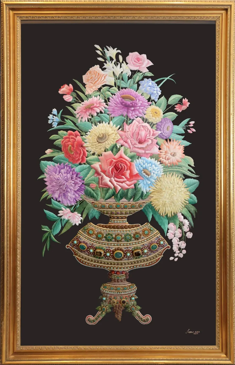 The Vase by Sheikh Shams Uddin, framed silk embroidery of a bouquet in a jewelled vessel